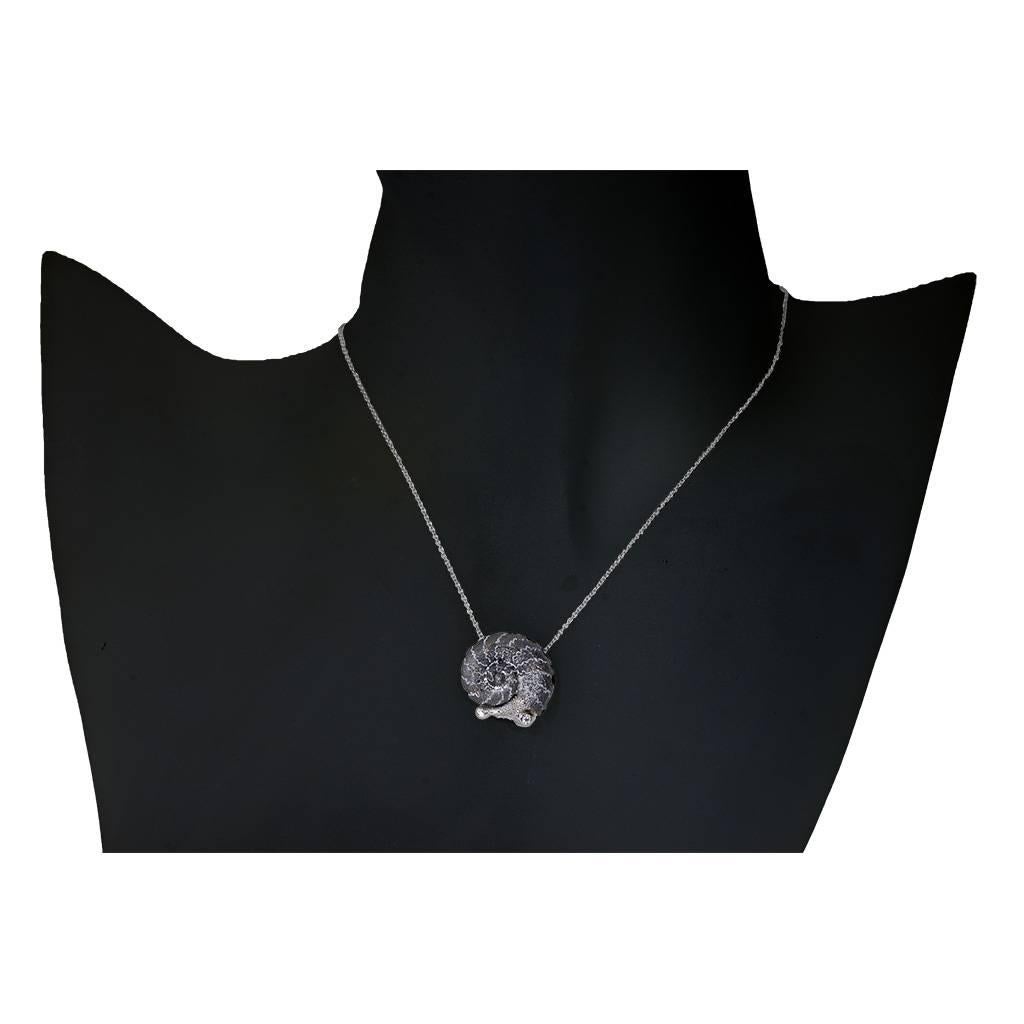 Women's or Men's Diamond & Black Silver Textured Snail Pendant by Alex Soldier. Handmade in NYC.