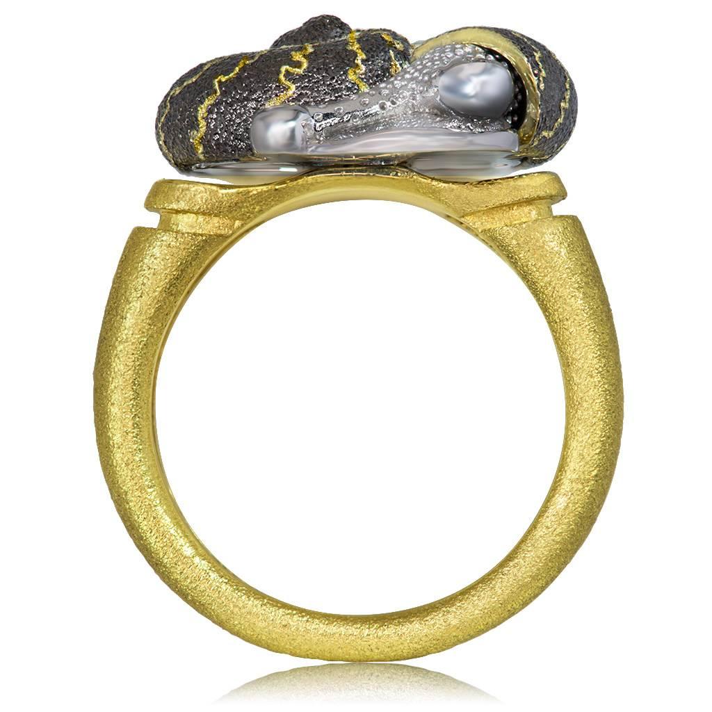 Diamond Yellow Blackened Gold Signature Texture Snail Ring Handmade in NYC Ltd E 1