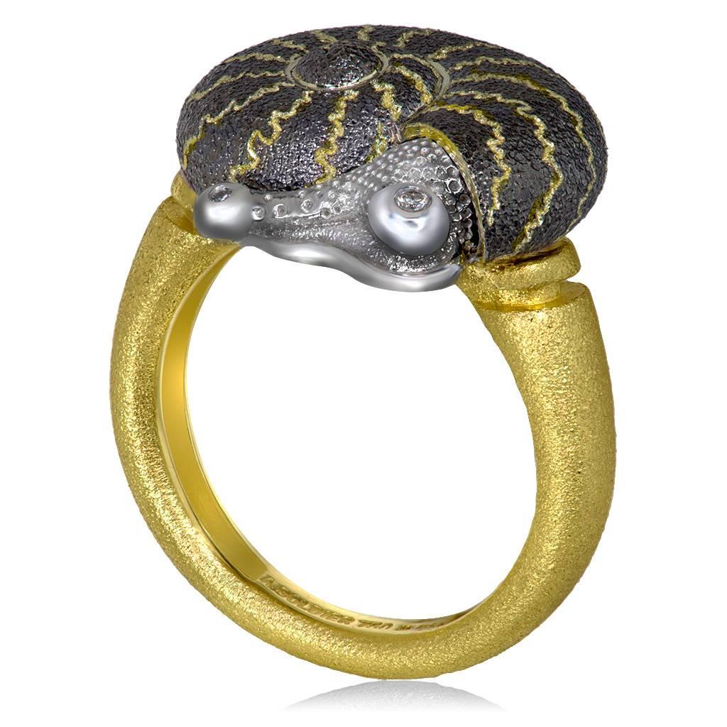 Women's Diamond Yellow Blackened Gold Signature Texture Snail Ring Handmade in NYC Ltd E