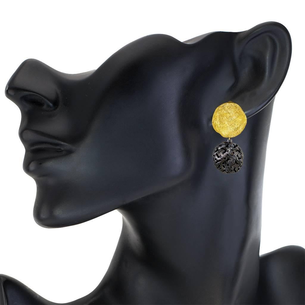Alex Soldier Moneta Clip-on Earrings are made in silver with 24k yellow gold and dark platinum (rhodium) infusion (deep plating) and signature metalwork that creates an illusion of a diamond inlay. Special open work technique makes these stunning