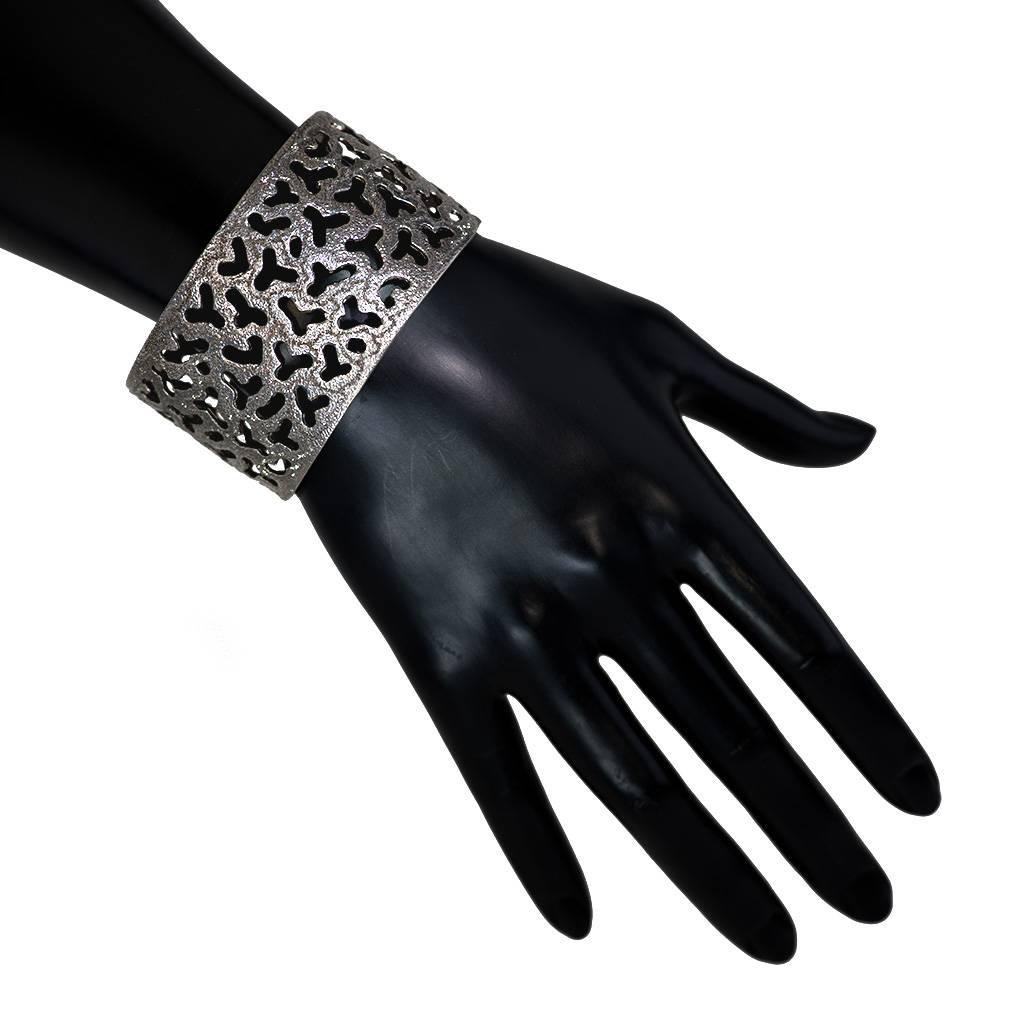 Women's Silver and Dark Platinum Textured Openwork Cuff Bracelet by Alex Soldier. Ltd Ed