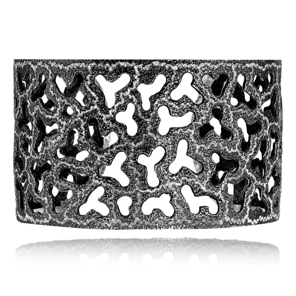 Alex Soldier Open Work Cuff made in silver, infused (deeply plated) with dark platinum (rhodium) and signature metalwork that creates an effect of inner sparkle. Special open work technique makes this stunning cuff super-comfortable to wear.