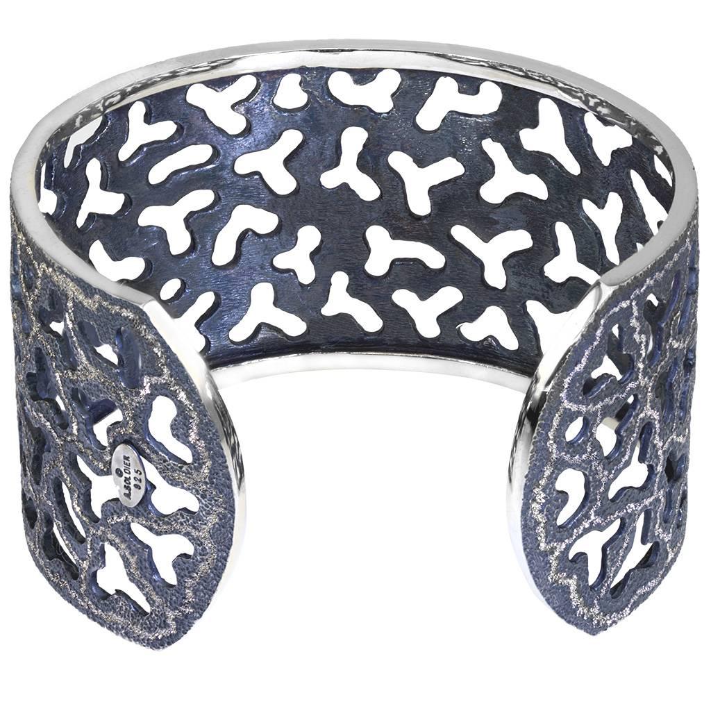 Silver and Dark Platinum Textured Openwork Cuff Bracelet by Alex Soldier. Ltd Ed In New Condition In New York, NY