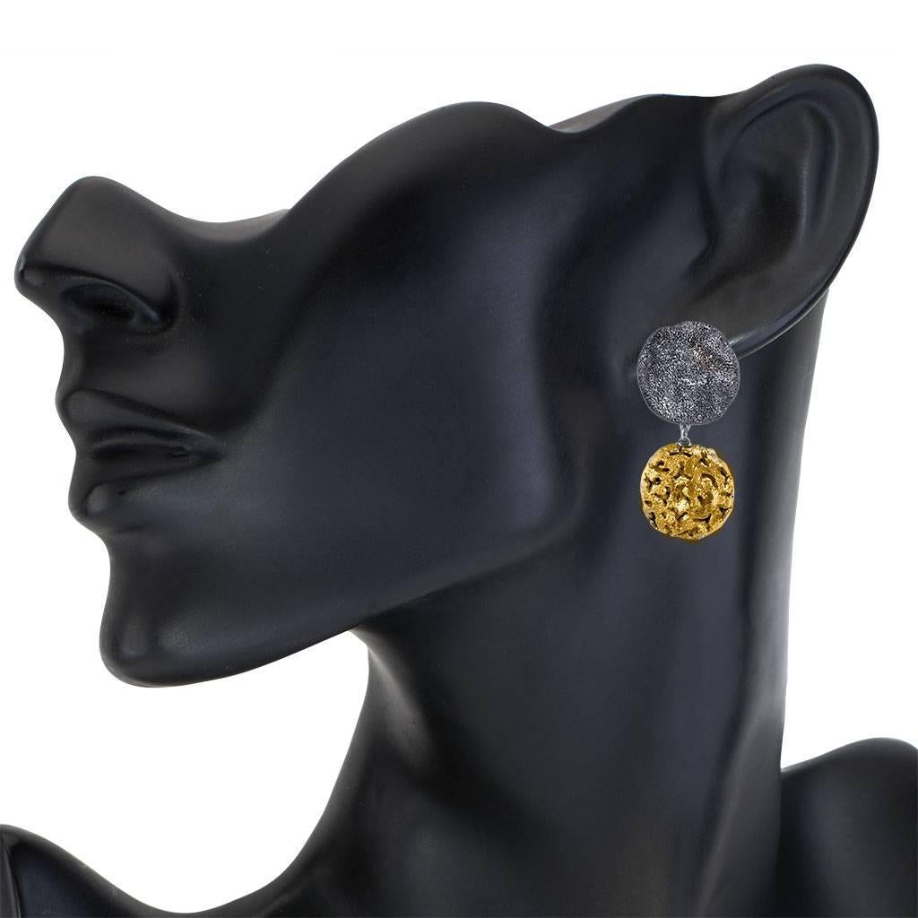 Alex Soldier Moneta Clip-on Earrings are made in silver with 24k yellow gold and dark platinum (rhodium) infusion (deep plating) and signature metalwork that creates an illusion of a diamond inlay. Special open work technique makes these stunning