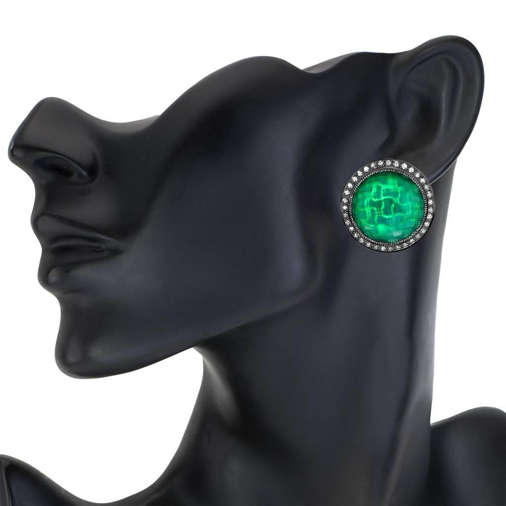 Green Agate & Quartz Doublet w White Topaz Clip-on Earrings in Oxidized Silver 1