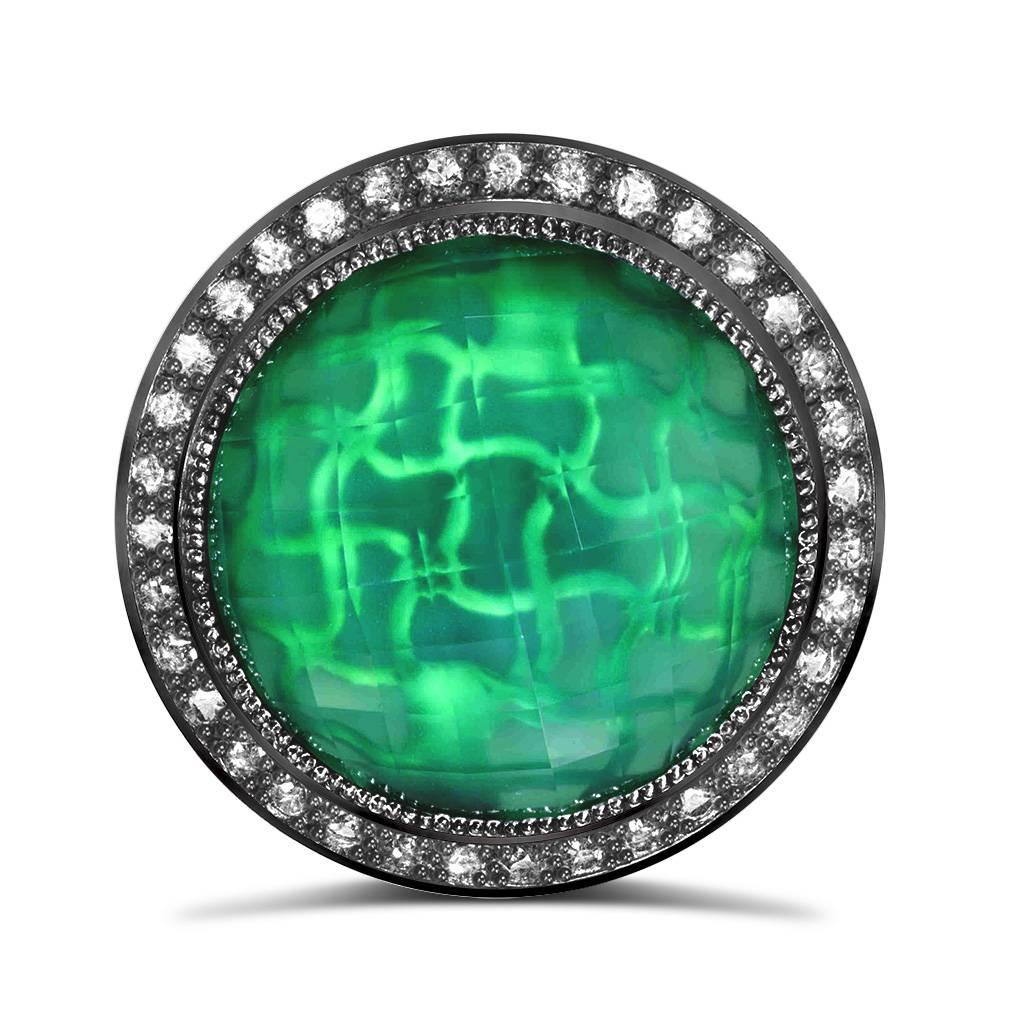 Inspired by the grandeur of antiquity, the Symbolica collection is enriched with meaning. The hand-carved gallery that reveals itself through the dramatic green agate white quartz doublet center creates an illusion of ancient symbols that in turn