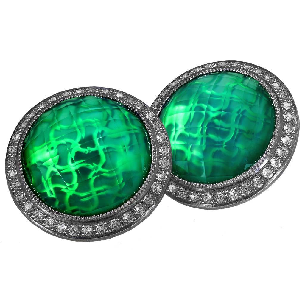 Green Agate & Quartz Doublet w White Topaz Clip-on Earrings in Oxidized Silver