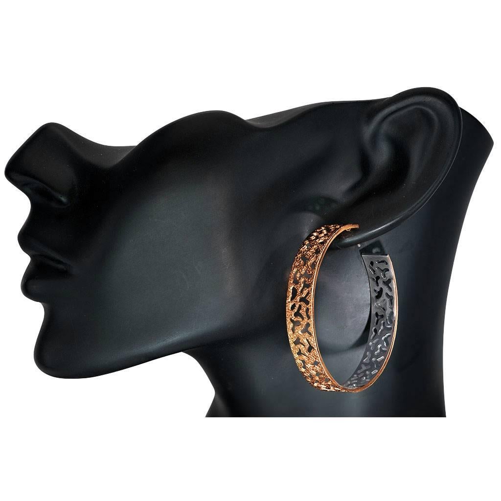 Alex Soldier Hoop Earrings: made in silver with 18 karat rose gold and dark platinum (rhodium) infusion (deep plating) and signature metalwork that creates an illusion of a diamond inlay. Special open work technique makes these stunning earrings