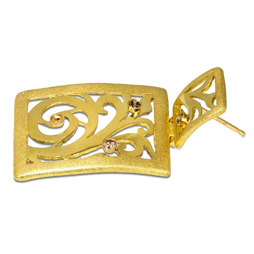 Women's Champagne Diamonds Yellow Gold Drop Earrings One of a kind Handmade