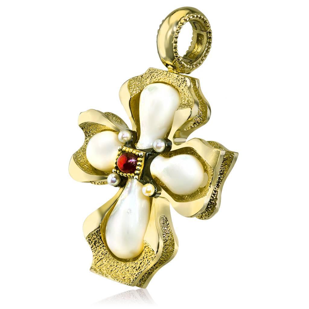 Alex Soldier Cross: made in silver with 24 karat yellow gold infusion (deep plating) with mother of pearl, ruby cabochon and pearls. Handmade in NYC, it features open bail that can easily be snapped on a chain, a strand of pearls or beads for