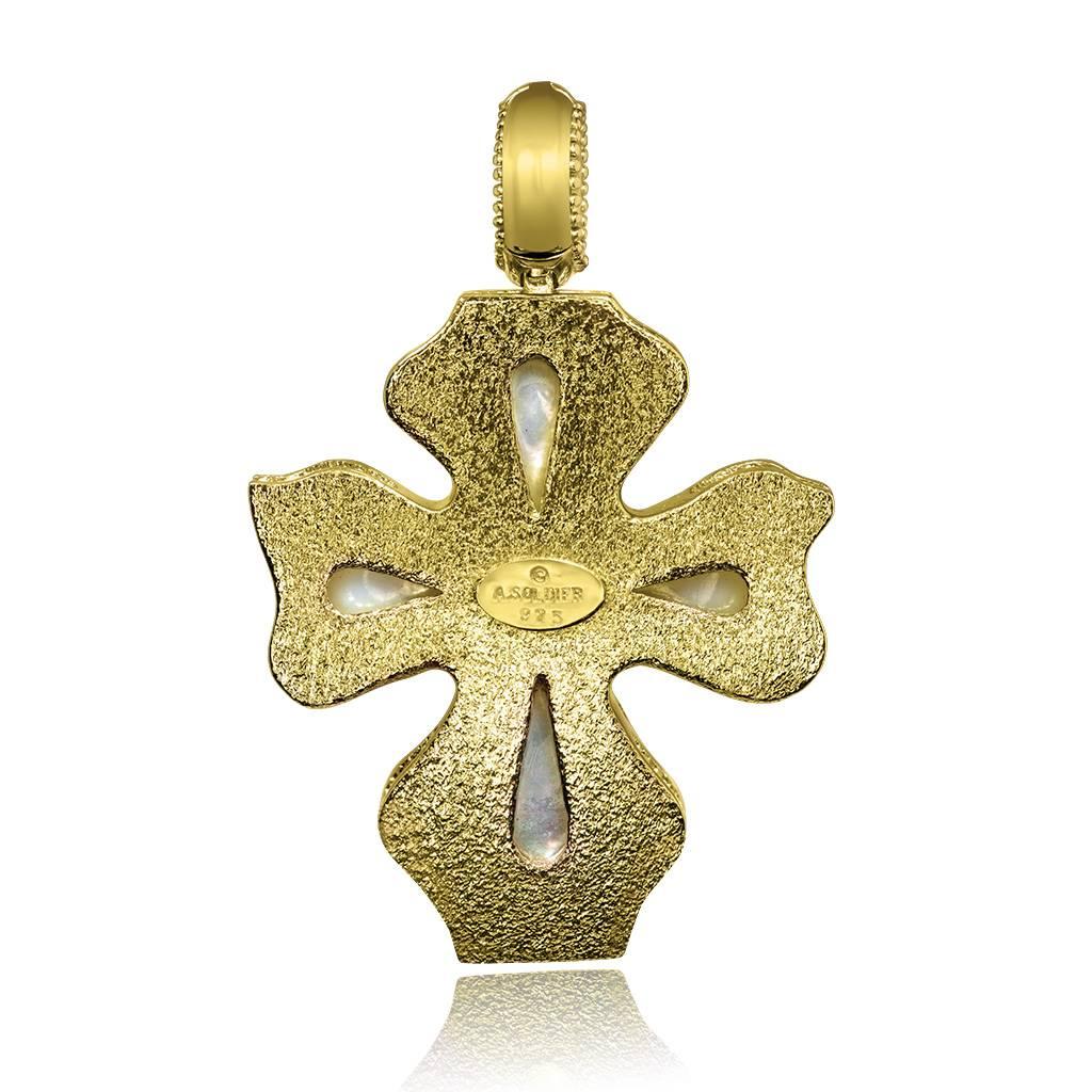 Alex Soldier Mother of Pearl Ruby Pearl Silver Gold Cross Pendant Handmade in NY 1