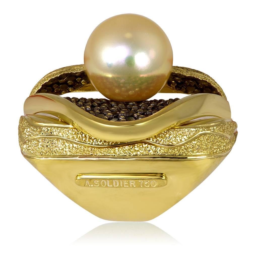 Alex Soldier Pearl Diamond Textured Yellow Gold Ring One of a Kind Handmade 1
