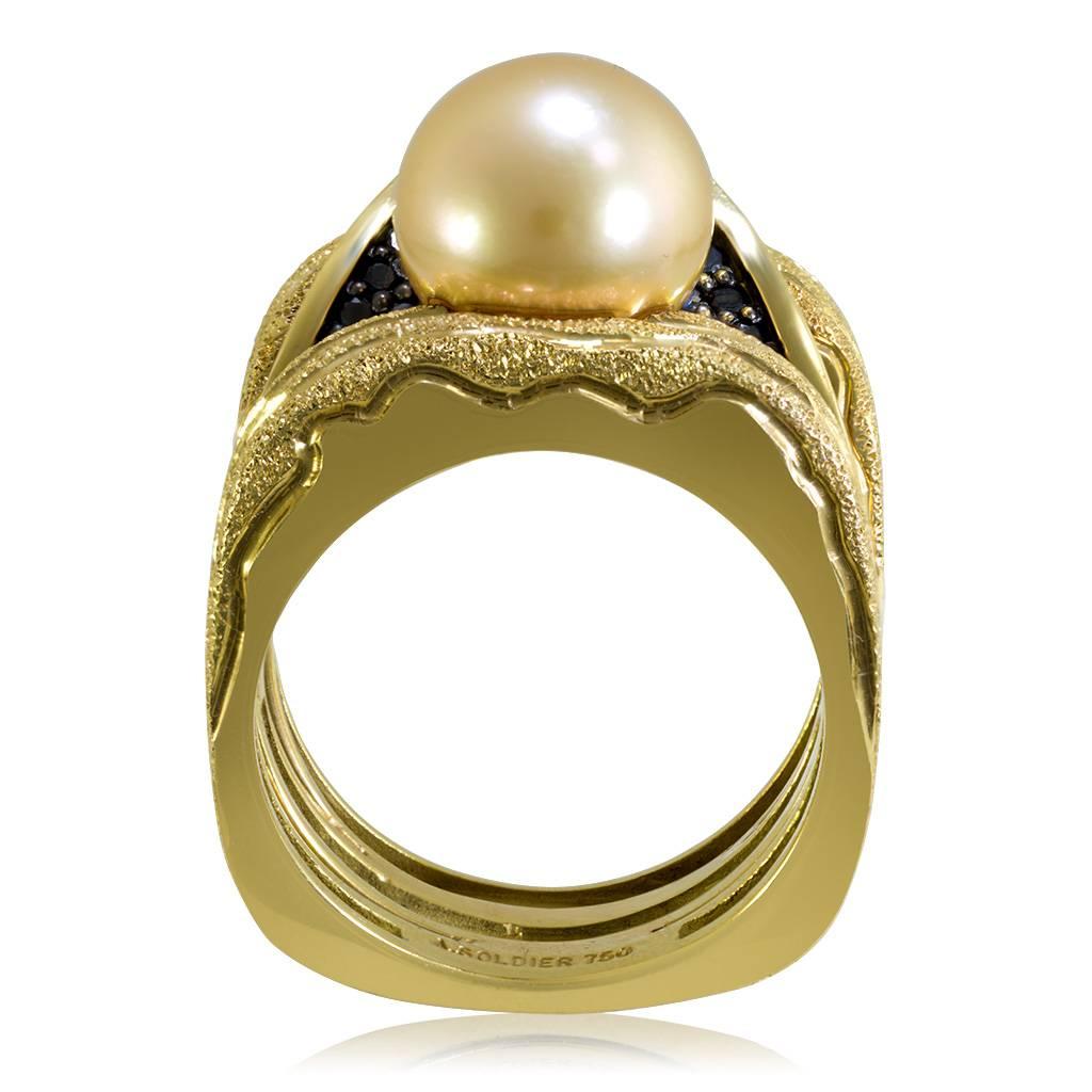 Women's Alex Soldier Pearl Diamond Textured Yellow Gold Ring One of a Kind Handmade