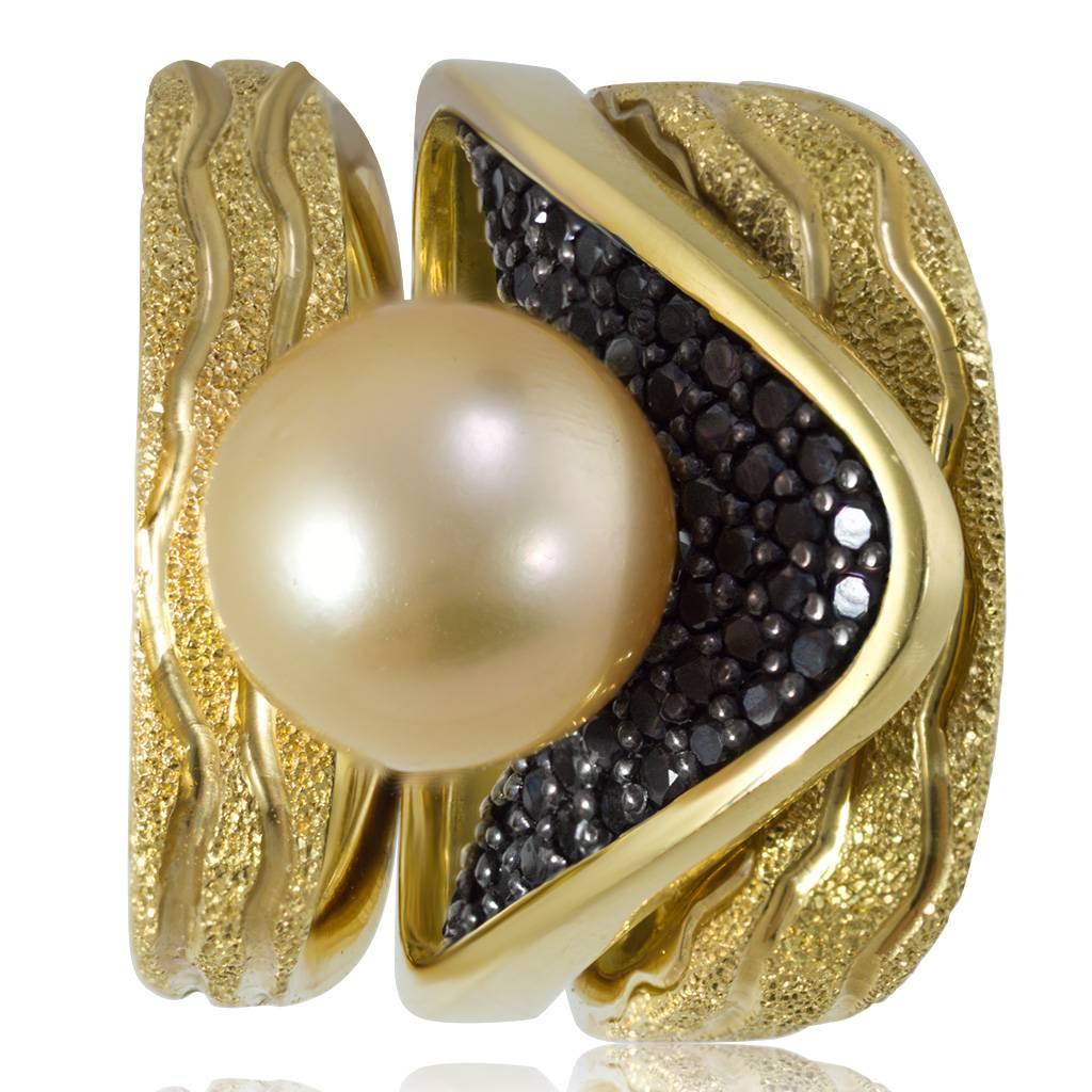 Trinity Pearl Ring by Alex Soldier: 18 karat yellow gold ring with 9 mm Akoya golden pearl, black diamonds (0.5 ct.) and signature metalwork that creates an illusion of inner sparkle. Handmade in NYC. One of a kind. Size: 6.5. Complimentary sizing