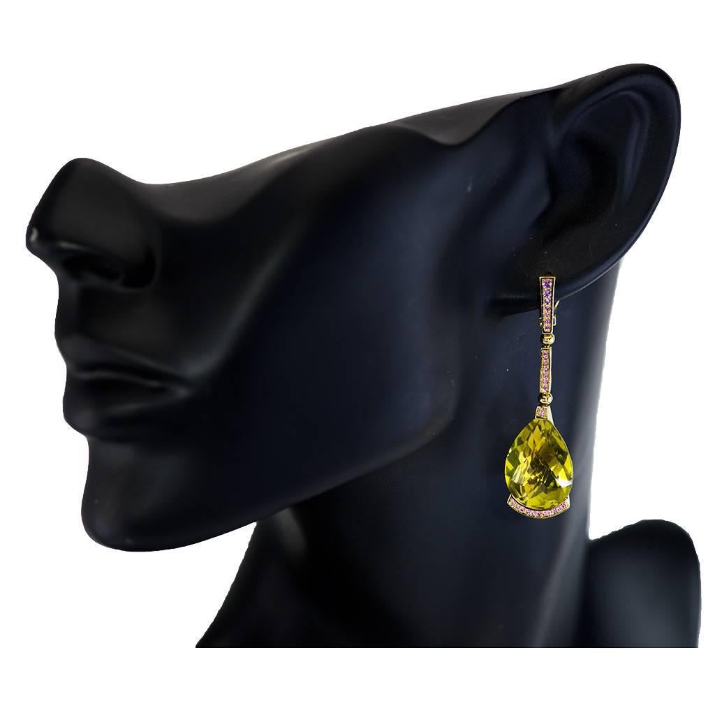 Alex Soldier Lemon Quartz Pink Sapphire Yellow Gold Drop Earrings Handmade in NY 2