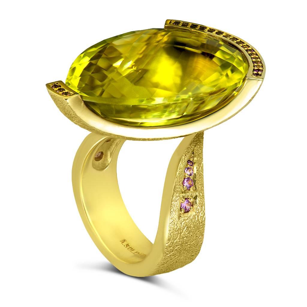 Alex Soldier Lemon Quartz Pink Sapphire Yellow Gold Cocktail Ring Ltd Ed In New Condition In New York, NY