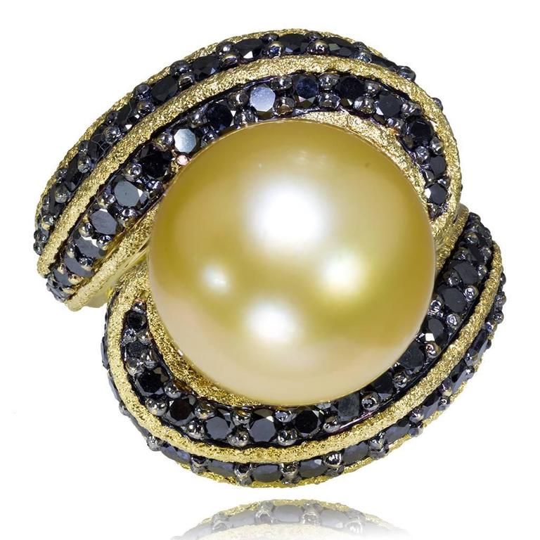 Black Diamonds South Sea Pearl Textured Gold Ring One of a Kind ...