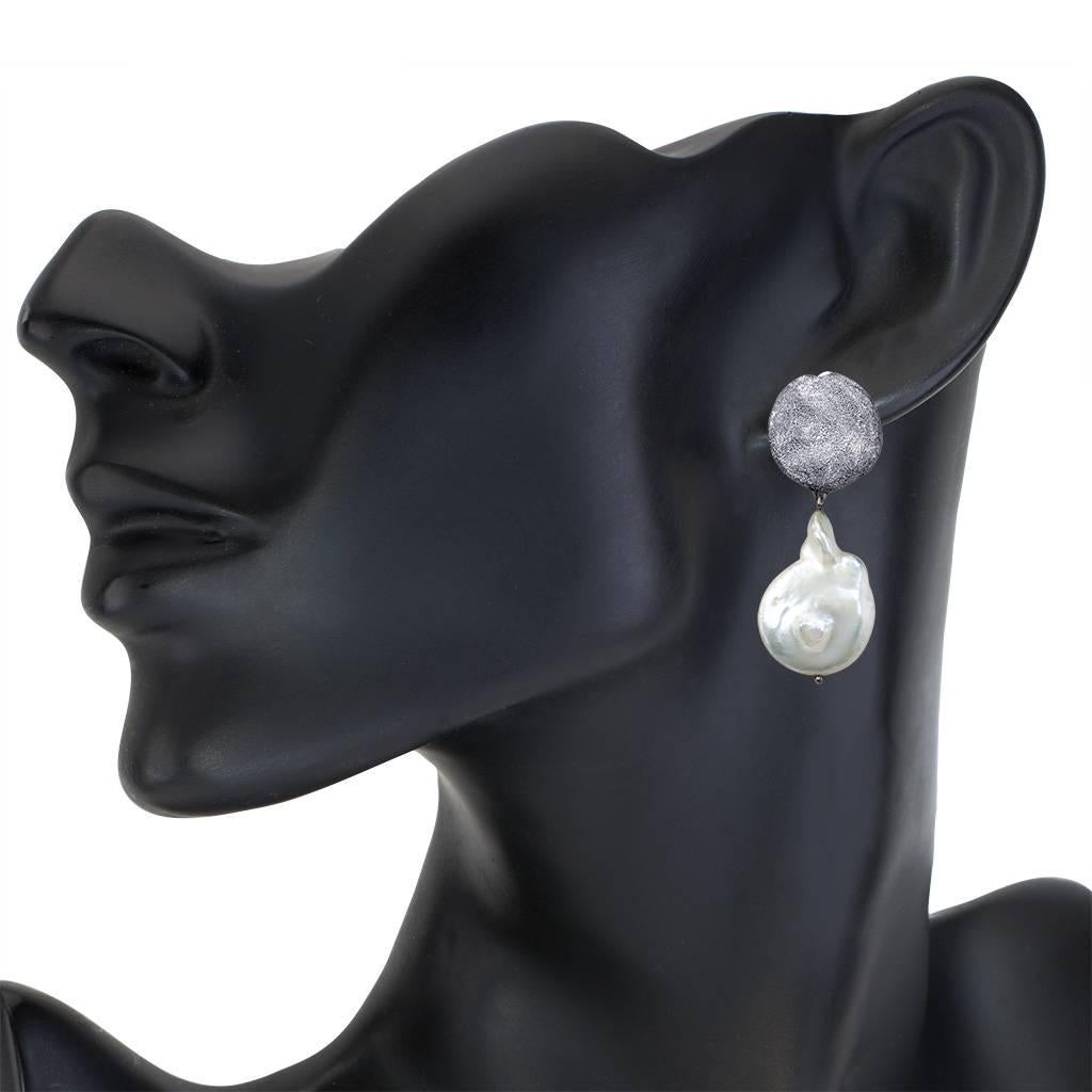Women's Pearl Silver Platinum Textured Drop Dangle Earrings Ltd Ed Handmade in NYC
