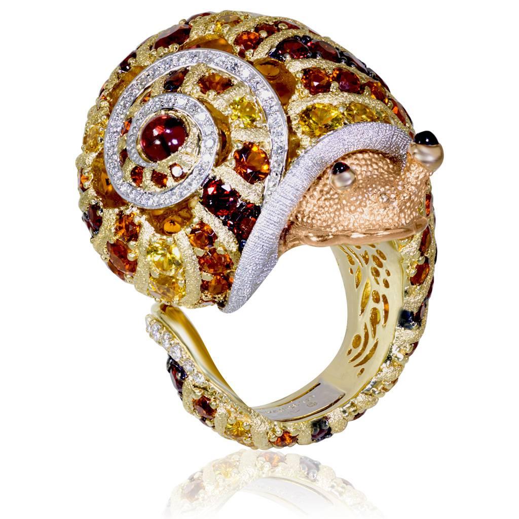 Alex Soldier Diamond Sapphire Ruby Garnet Citrine Platinum Gold Snail Ring In New Condition In New York, NY