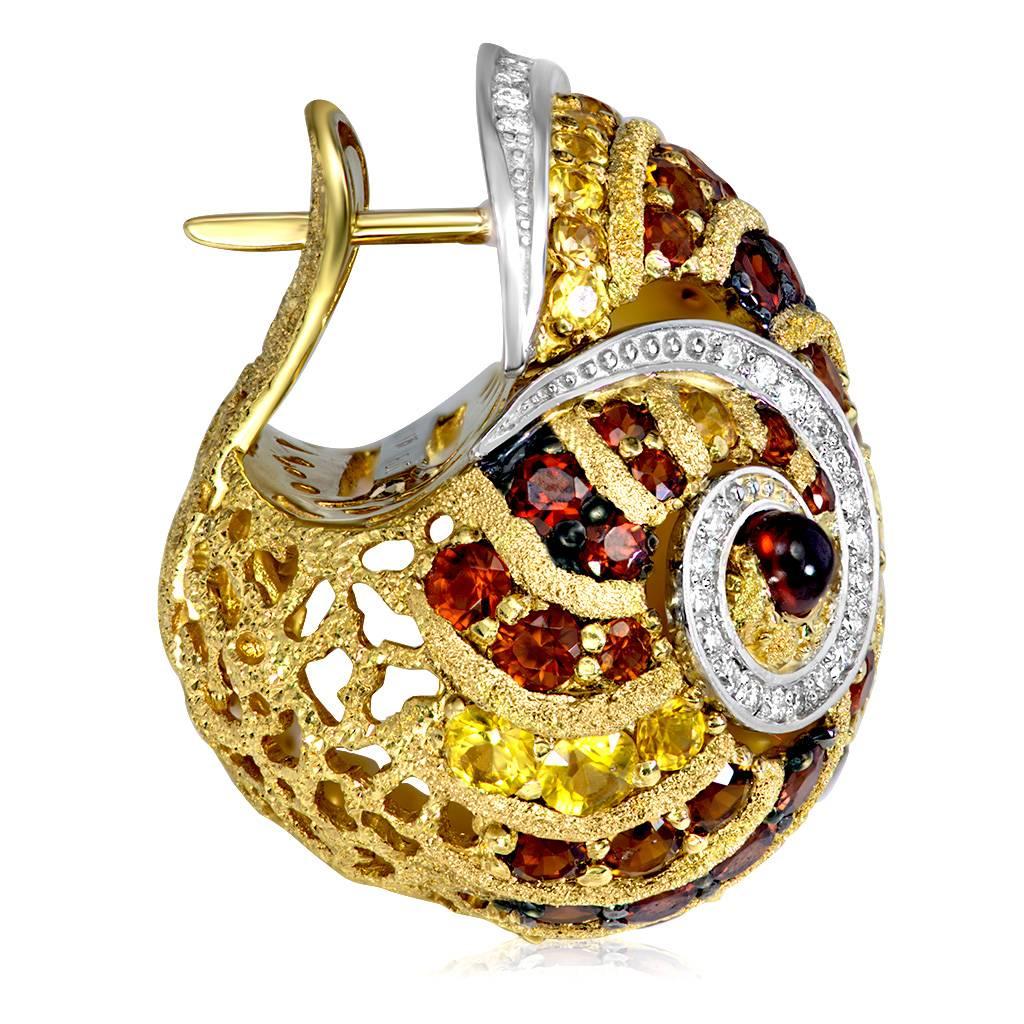 Alex Soldier Sapphire Garnet Ruby Diamond Citrine Gold Platinum Snail Earrings In New Condition In New York, NY