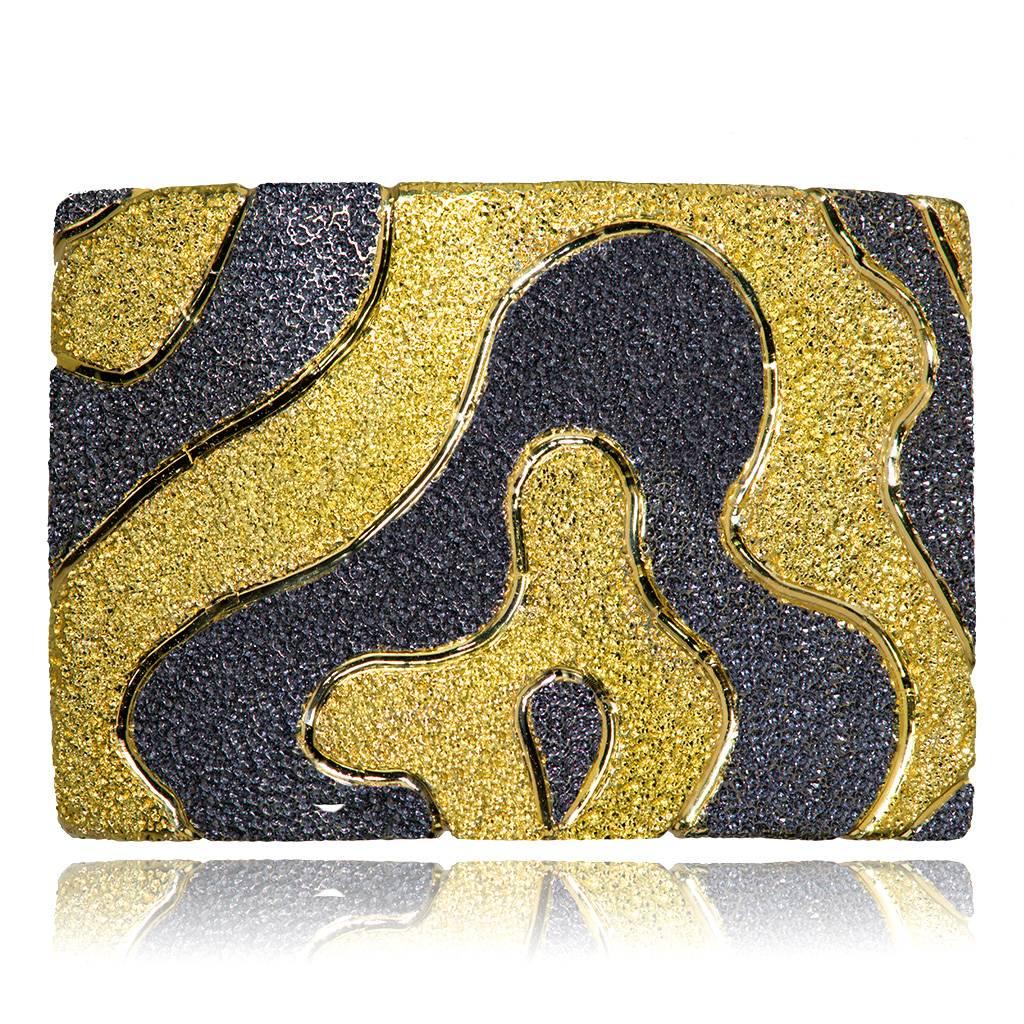 Alex Soldier Gold Cora pattern ring is made in 18 karat yellow gold with black rhodium (platinum family), and finished with signature proprietary metalwork that creates an illusion of a diamond inlay. Handmade in NYC. Limited Edition. Ring top