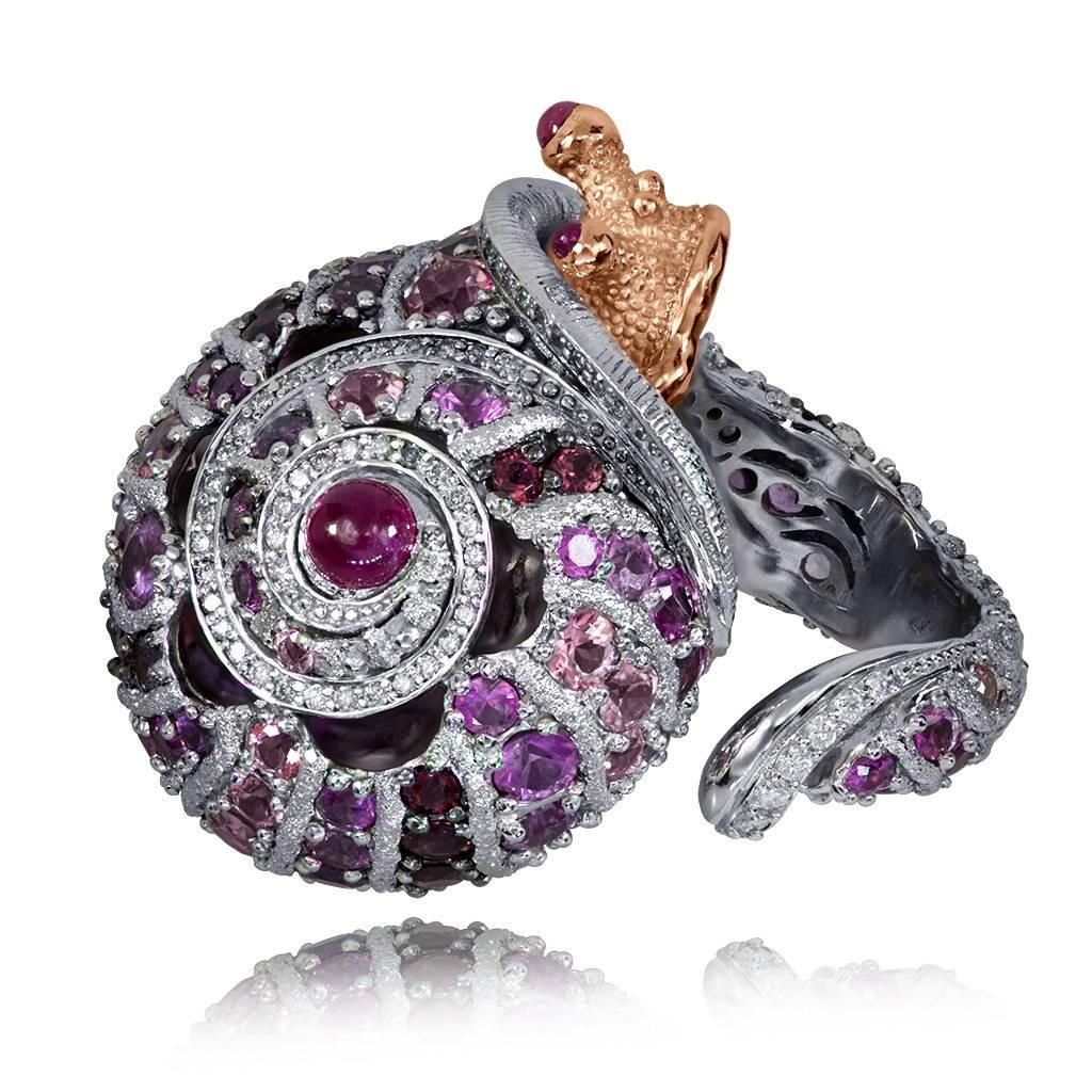 Alex Soldier Sapphire Tourmaline Diamond Topaz Ruby Snail Ring One of a kind    In New Condition In New York, NY