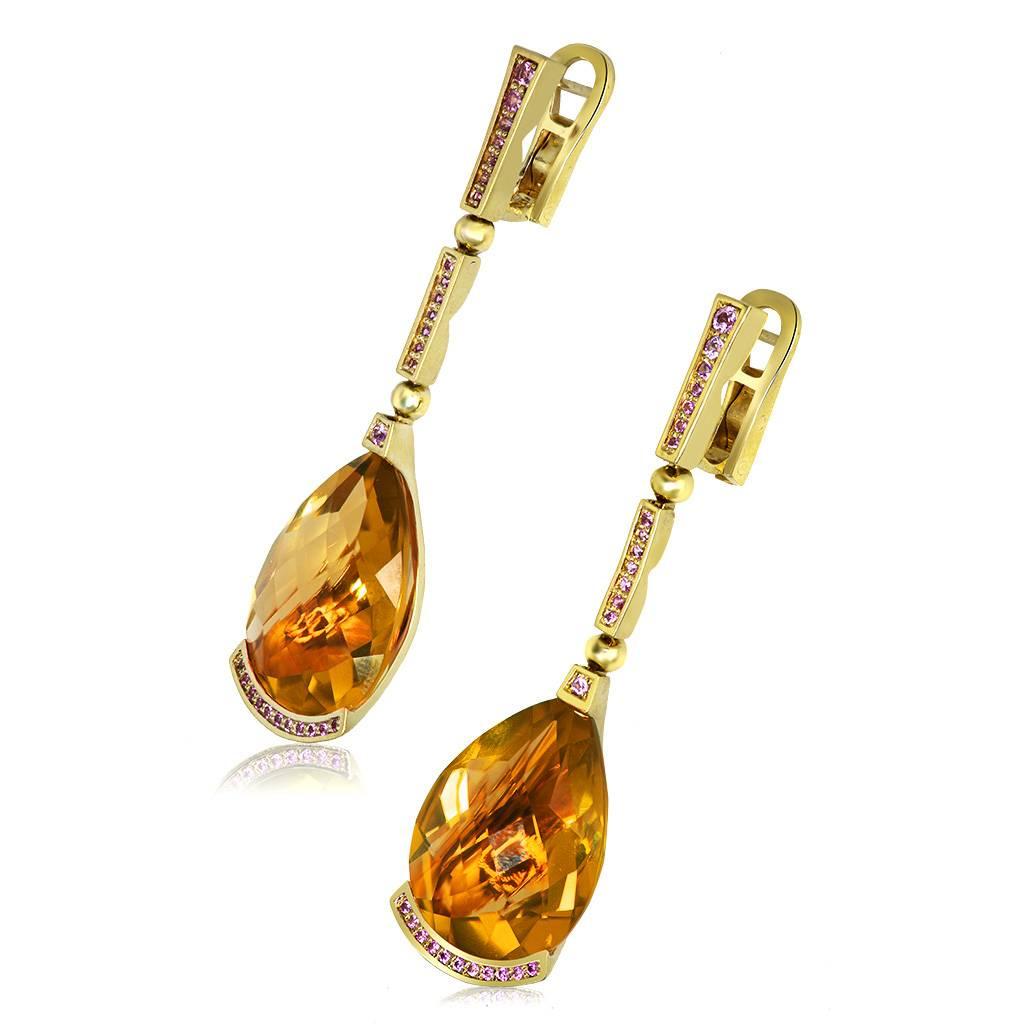 Alex Soldier Gold Swan Citrine and Pink Sapphire earrings made in 18 karat yellow gold with pink sapphires (0.45 ct) and honey citrine (29 ct). Handmade in NYC. Limited Edition. The gracefulness and poise of the swan has inspired Alex Soldier to