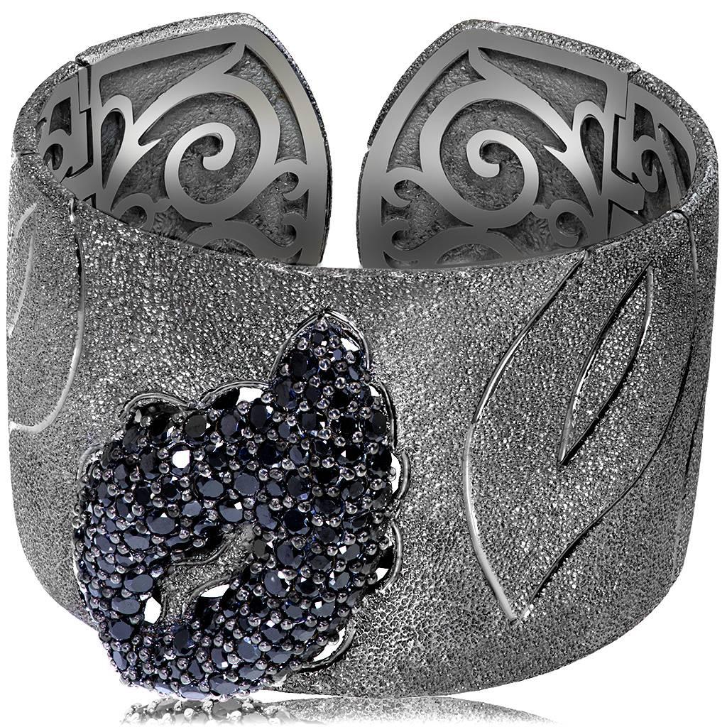 Alex Soldier Leaf Cuff Bracelet: made in silver with dark platinum (black rhodium) infusion, featuring black spinel stones (11.1 ct). Handmade in NYC, it features double hinges for extra comfort, finished with proprietary metalwork that creates an