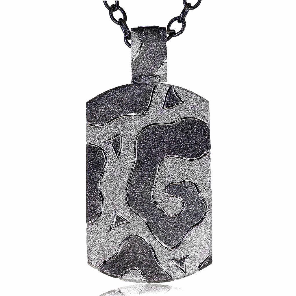 Volna Tag Pendant Necklace: made in silver with platinum and dark platinum infusion (deep plating), suspended on 36 inch dark silver chain with adjustable length size (chain is included in price). Handmade in NYC, it features proprietary metalwork