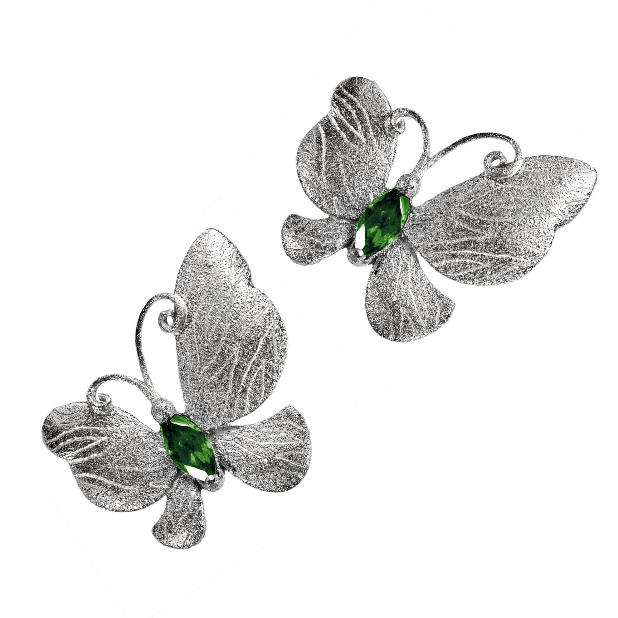 Alex Soldier Tourmaline Sterling Silver Platinum Textured Butterfly Earrings