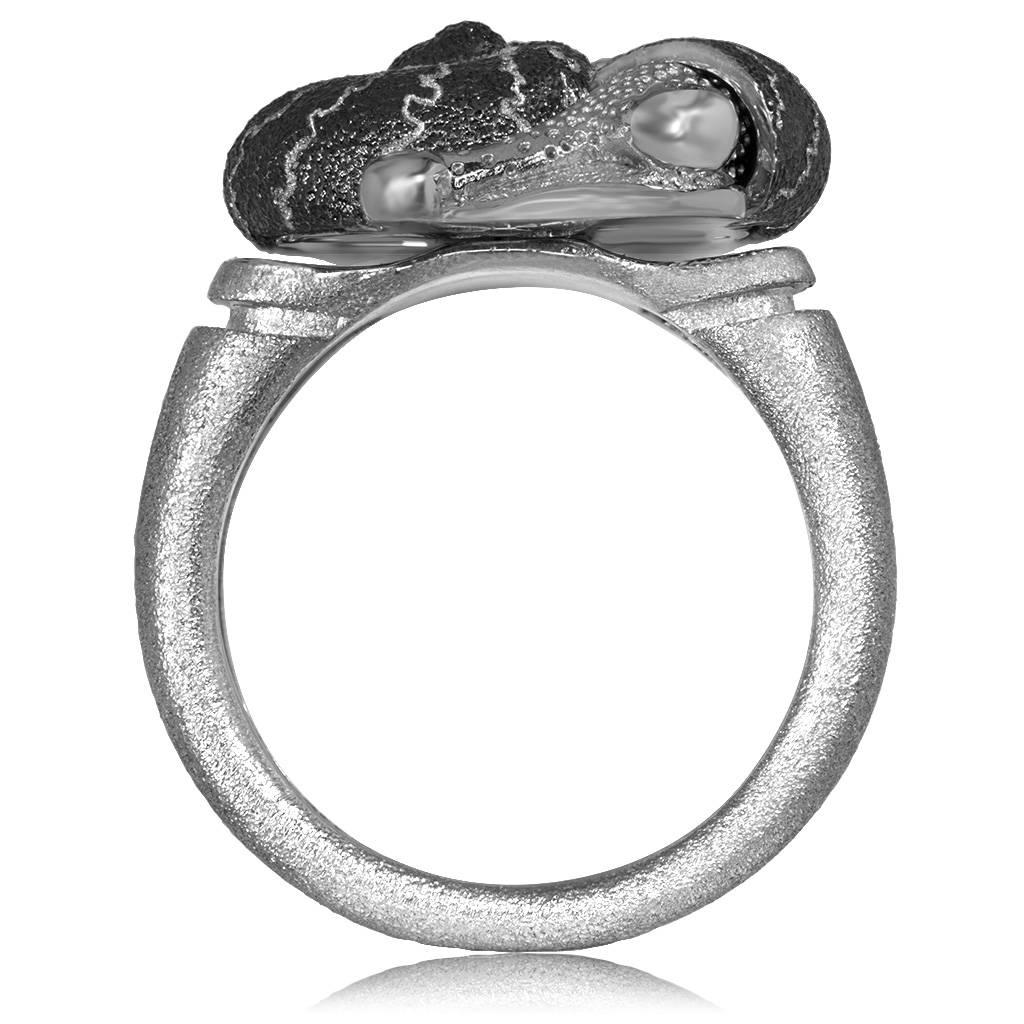 Alex Soldier Diamond Sterling Silver Rhodium Textured Snail Ring Handmade in NYC 1