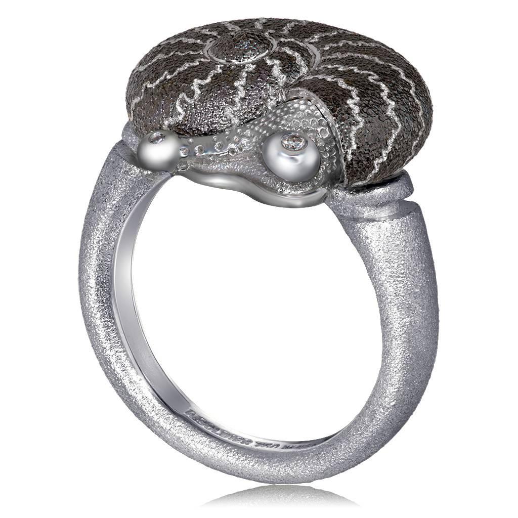 Women's Alex Soldier Diamond Sterling Silver Rhodium Textured Snail Ring Handmade in NYC