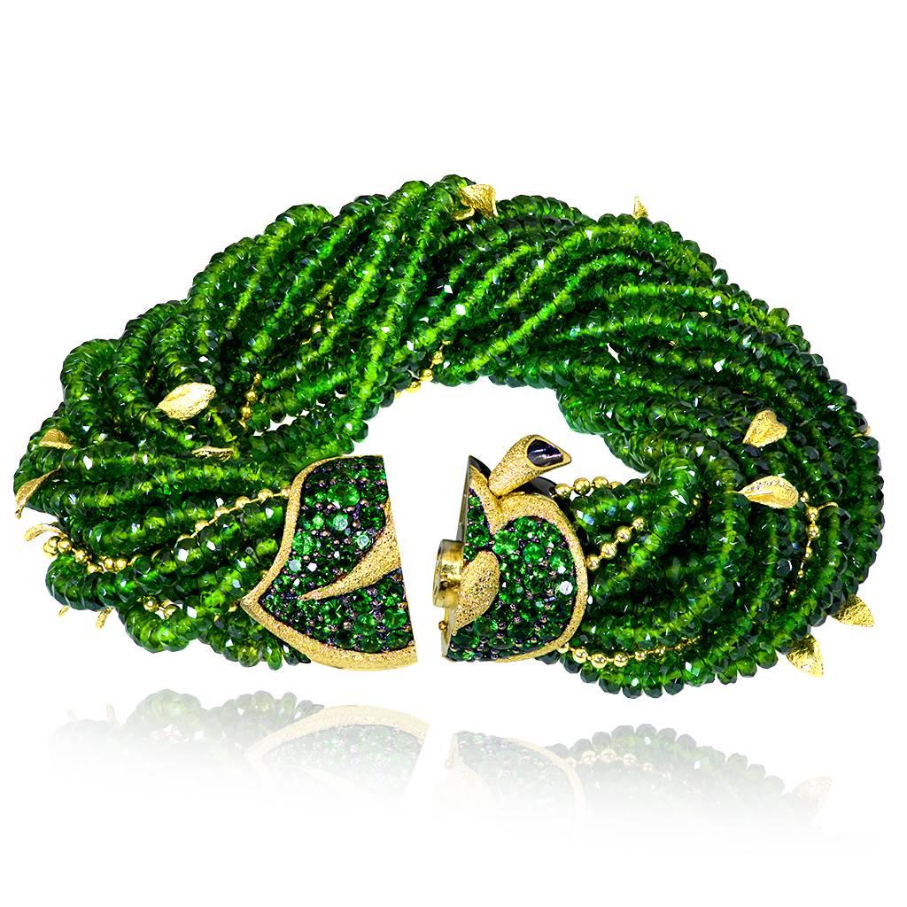 Alex Soldier Chrome Diopside Tsavorite Garnet Gold Leaf Bracelet One of a Kind In New Condition In New York, NY