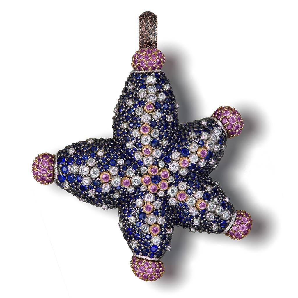 Diamond Blue Pink Sapphire Gold Nautical Starfish Ring Brooch Pendant Necklace In New Condition In New York, NY