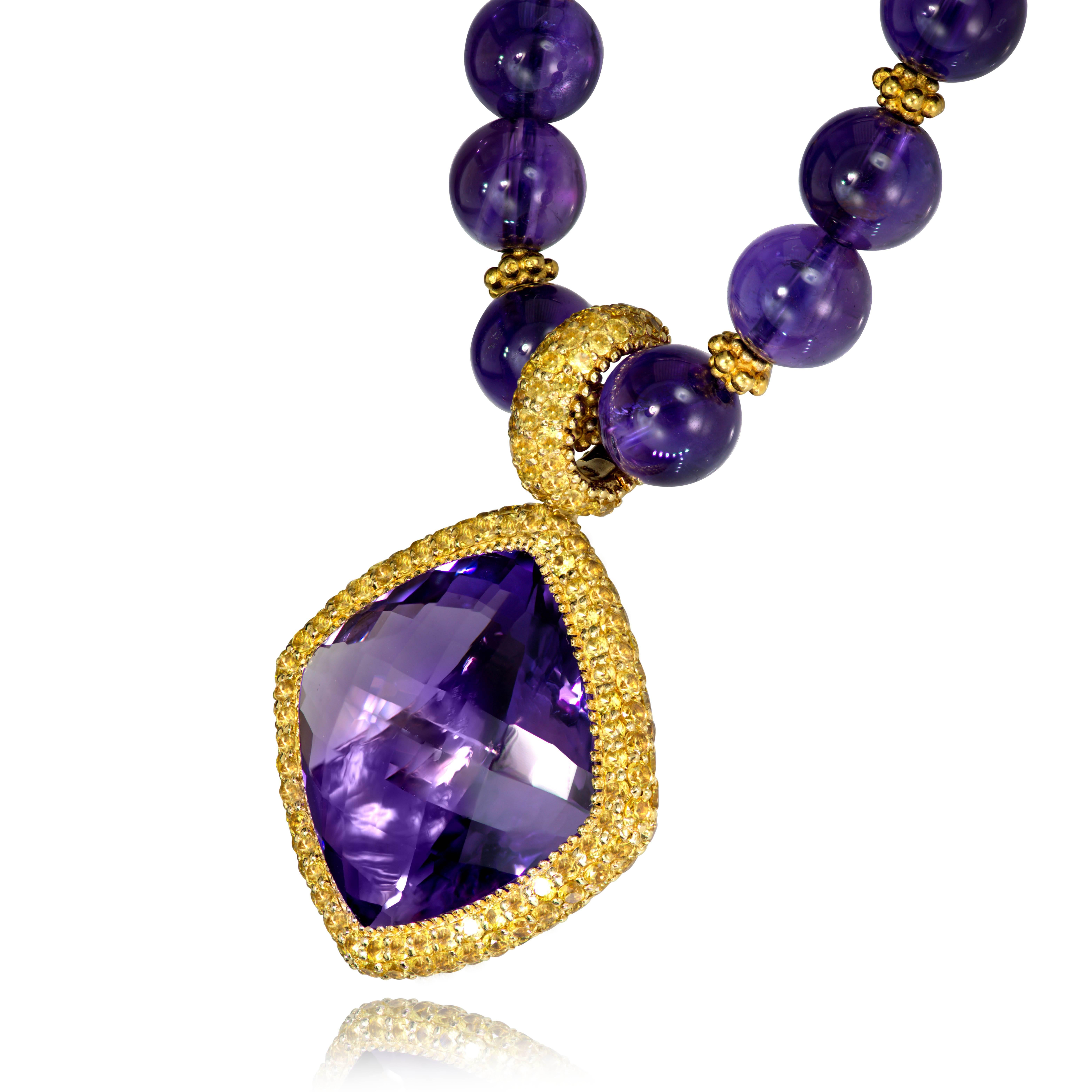 Alex Soldier Sapphire Amethyst Gold Pendant Necklace Enhancer on Amethyst Beads In New Condition In New York, NY