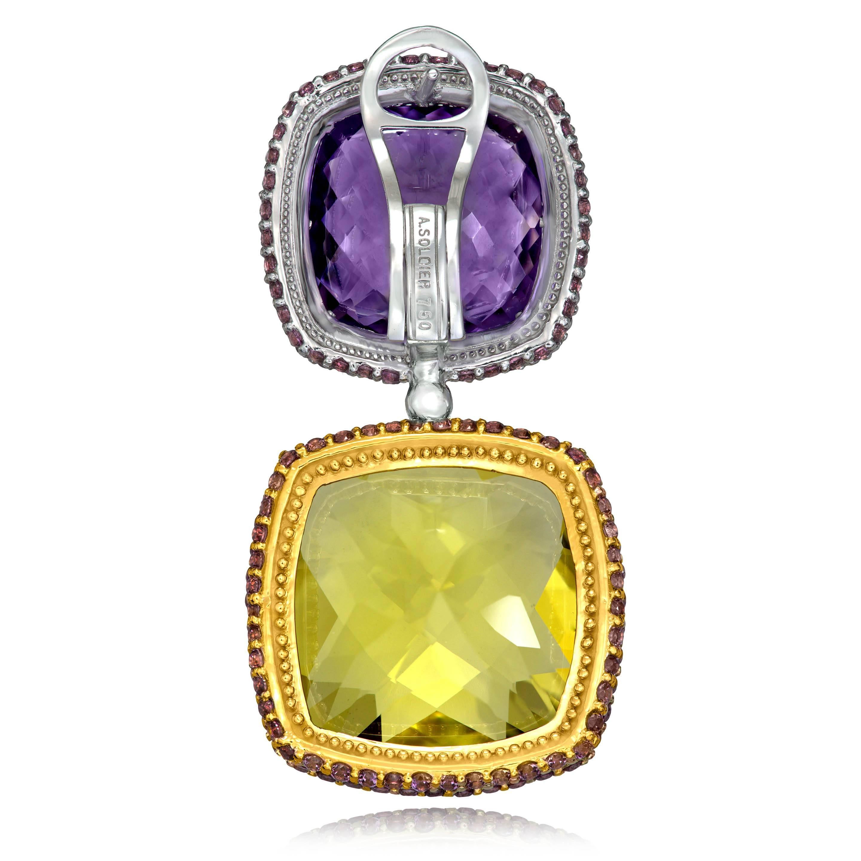 Alex Soldier Lemon Citrine Amethyst Garnet Royal Drop Earrings One of a Kind In New Condition In New York, NY