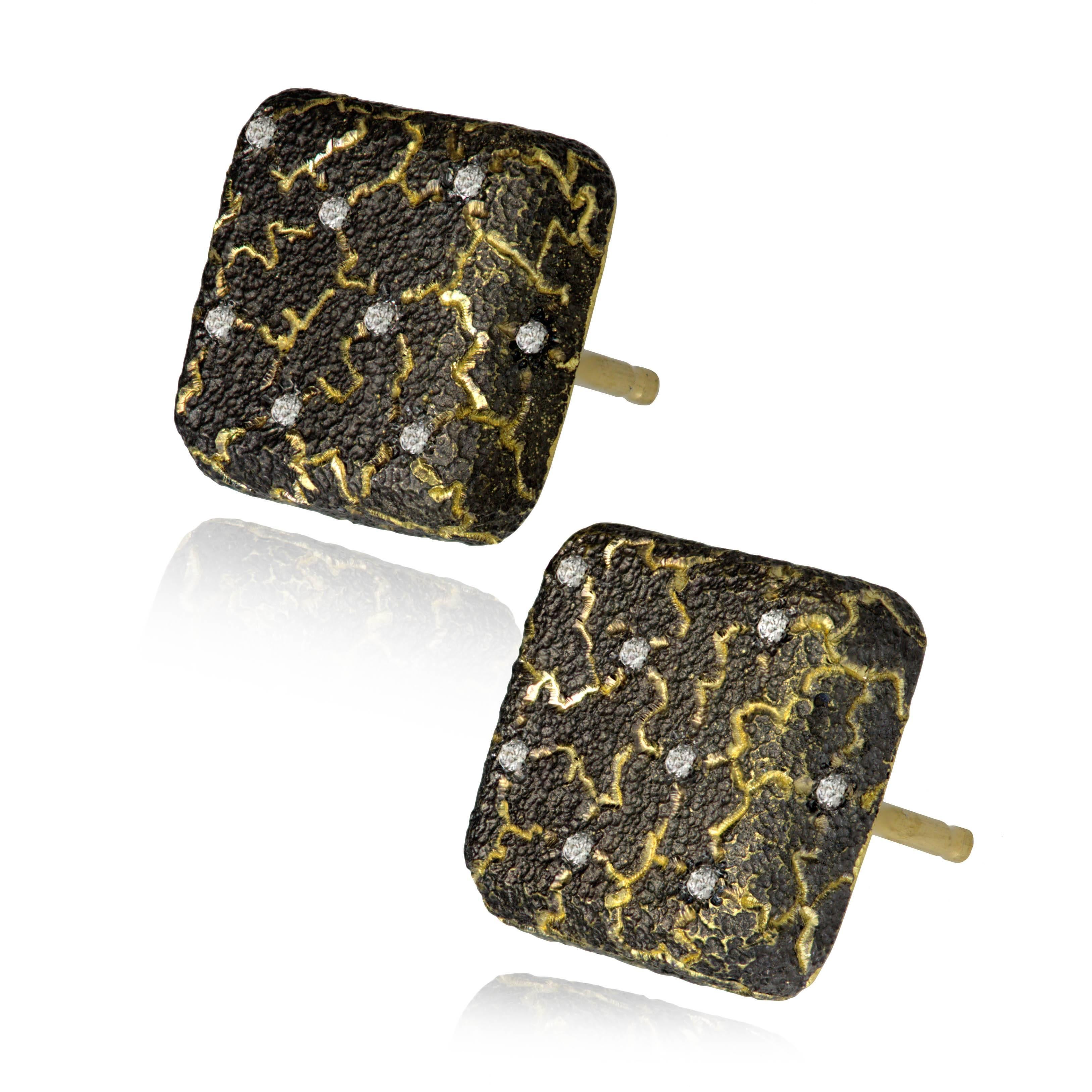 Alex Soldier Diamond Kisses stud earrings: made in 18 karat yellow gold with diamonds (0.13 ct) and signature metalwork that creates an illusion of inner shimmer. Handmade in NYC. Limited Edition. 