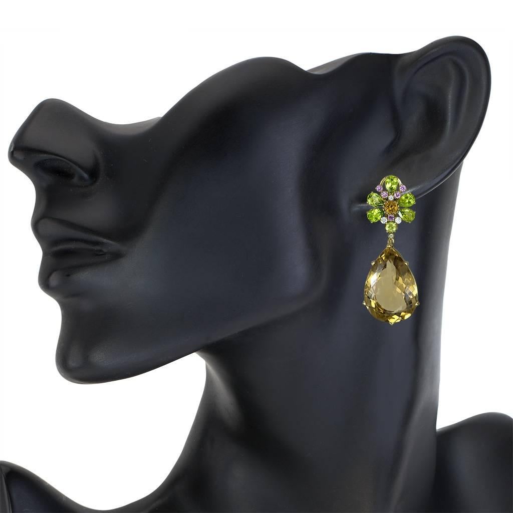 Women's Alex Soldier Champagne Quartz Peridot Pink Sapphire Diamond Gold Drop Earrings