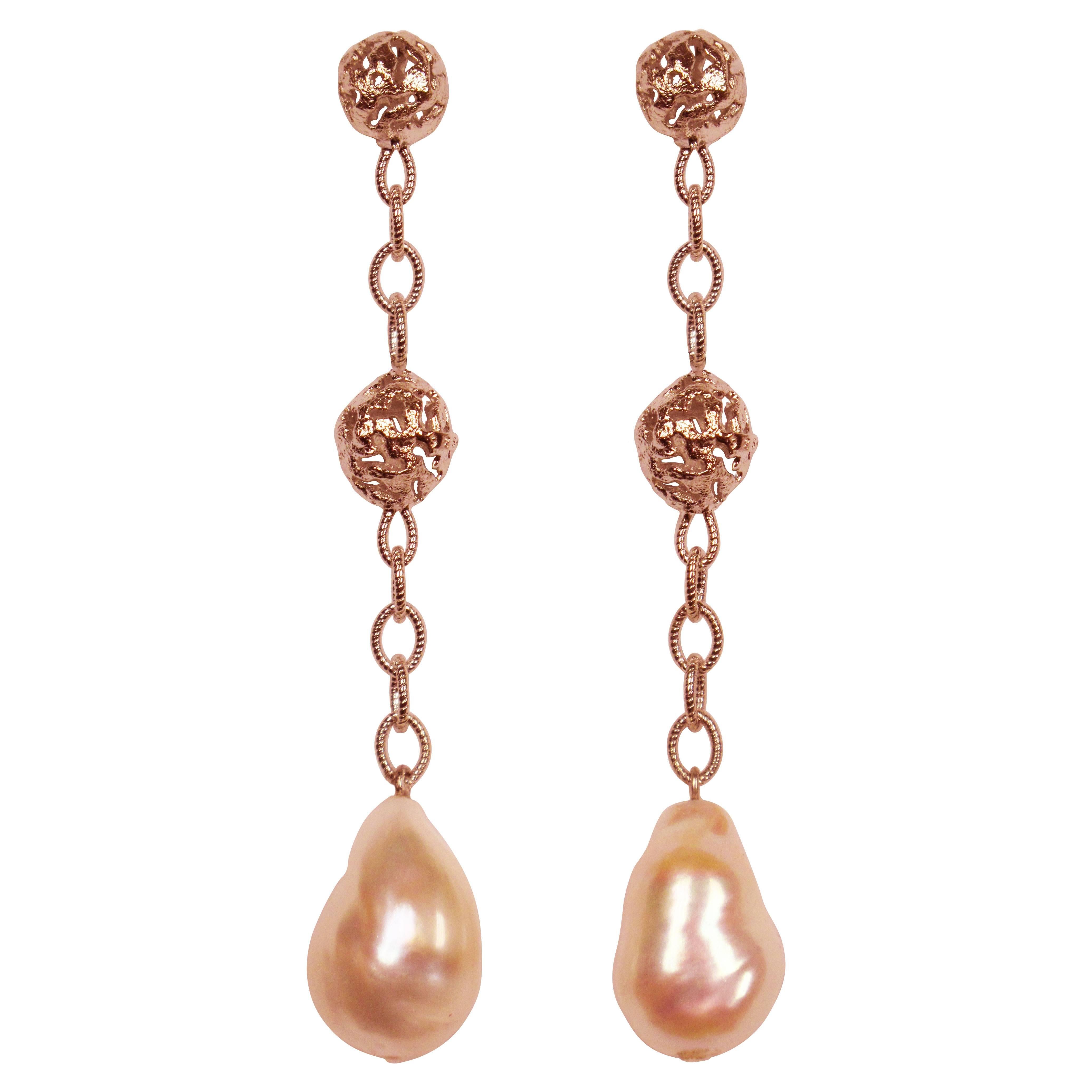 Pearl Sterling Silver Rose Gold Textured Drop Dangle Earrings One of a Kind