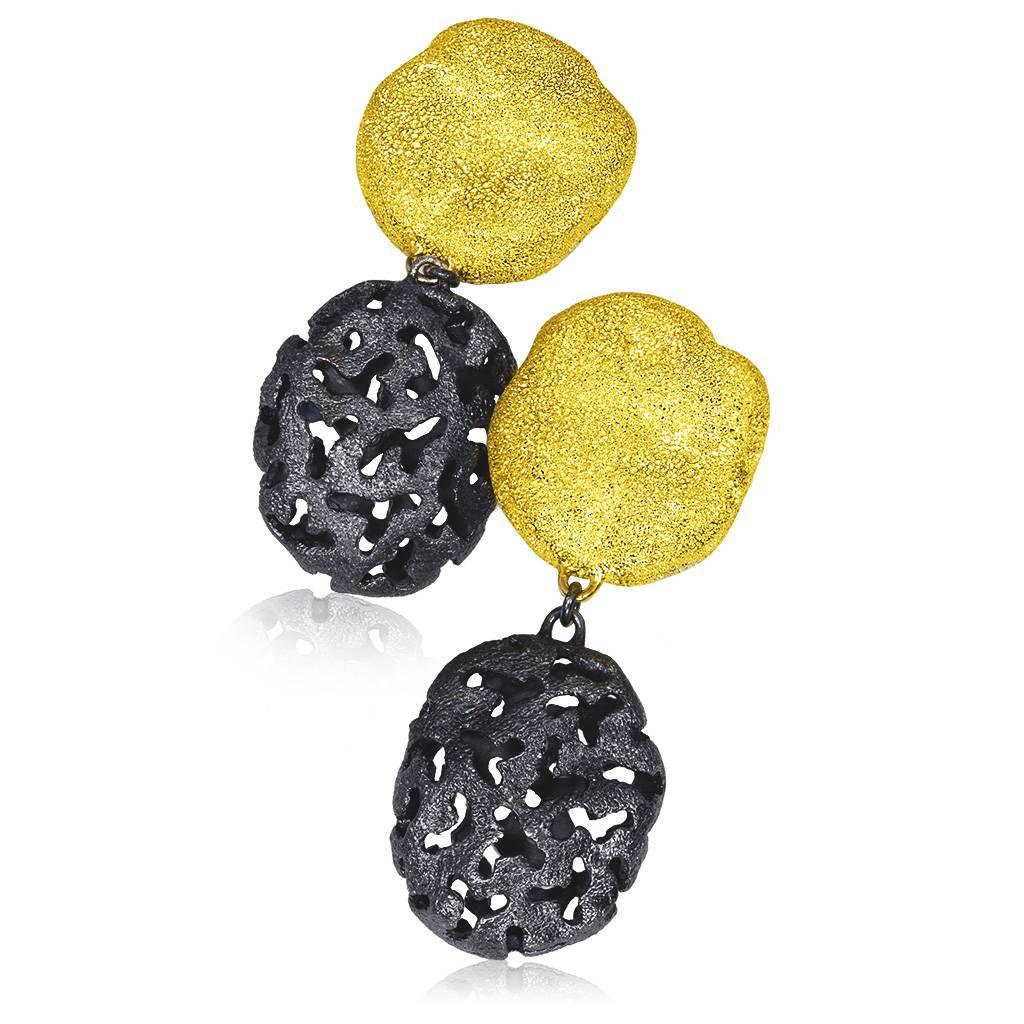 Alex Soldier Moneta Earrings made in silver with 24k yellow gold and dark platinum (rhodium) infusion (deep plating) and signature metalwork that creates an illusion of a diamond inlay. Handmade in NYC. Please keep away from water, lotion and