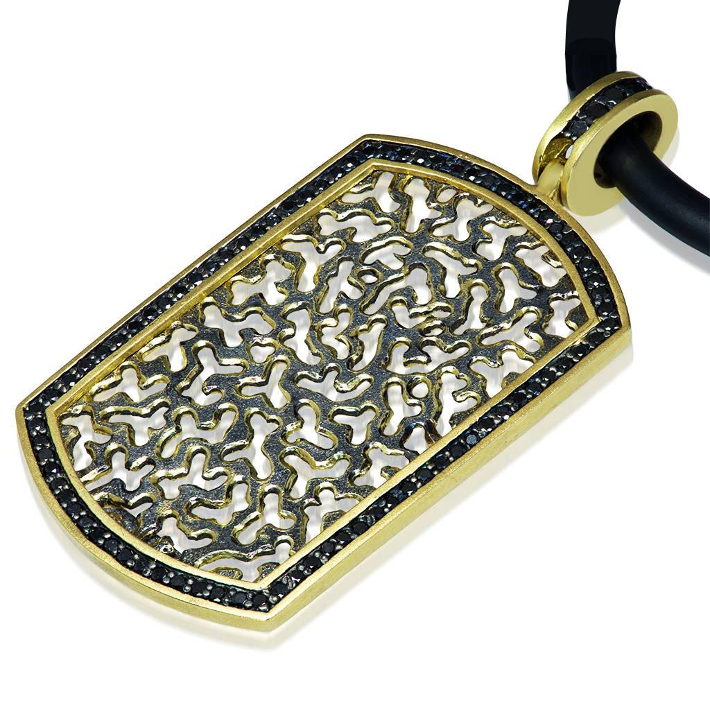Alex Soldier Tag: made in 18 karat yellow gold with black diamonds (0.5 ct) and signature metalwork suspended on 18-inch black cord. Handmade in NYC. 