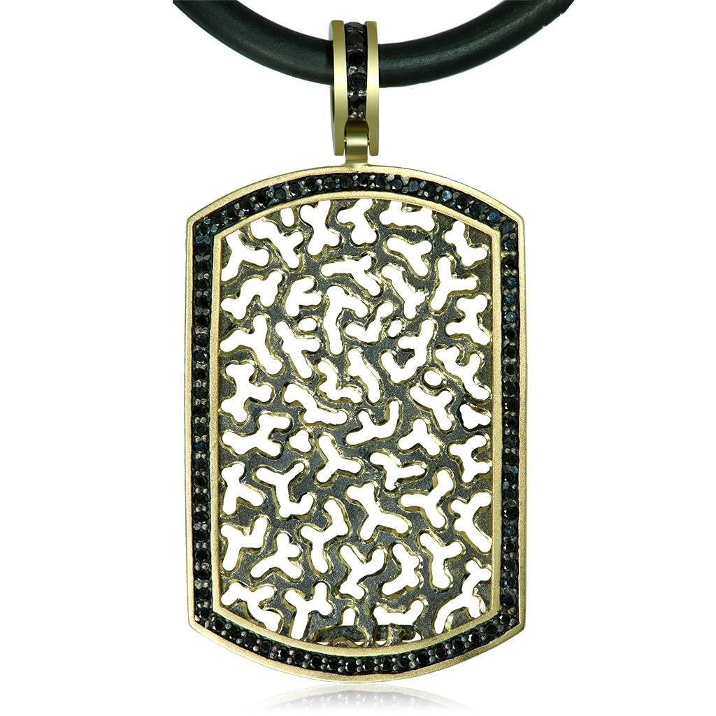 Alex Soldier Tag Necklace: made in 18 karat yellow gold with black diamonds (0.5 ct) and signature metalwork suspended on 18-inch multi-strand 18 karat gold chain. Handmade in NYC. One of a kind.  