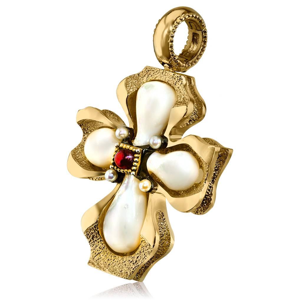 Alex Soldier Cross: made in silver with 24 karat yellow gold infusion (deep plating) with mother of pearl, ruby cabochon (0.7 ct) and Freshwater pearls. Handmade in NYC, it features open bail that can easily be snapped on a chain, a strand of pearls