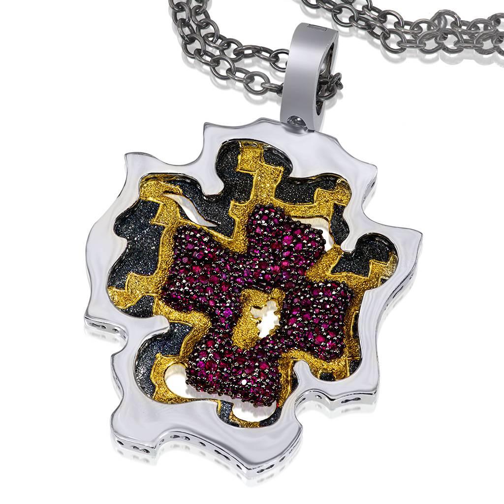 Alex Soldier Ruby Cross Pendant Necklace: made in sterling silver with 24 karat yellow gold and dark platinum infusion (deep plating), suspended on 36 inch dark silver chain with adjustable length size (chain is included in price). Burmese Rubies: 9
