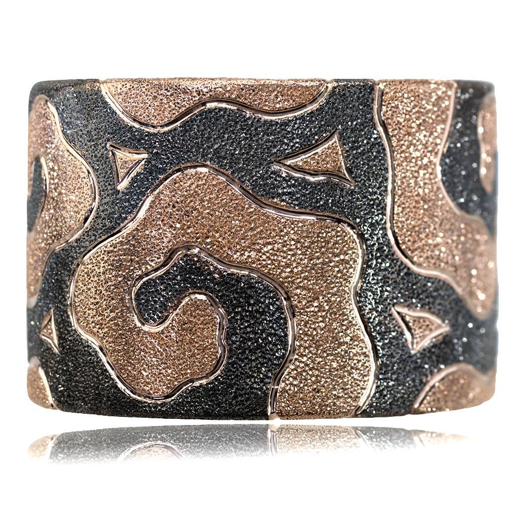 Alex Soldier Volna Cuff Bracelet: made in silver with 18 karat rose gold and dark platinum (black rhodium) infusion. Handmade in NYC, it features double hinges for extra comfort, finished with proprietary metalwork that creates an illusion of a