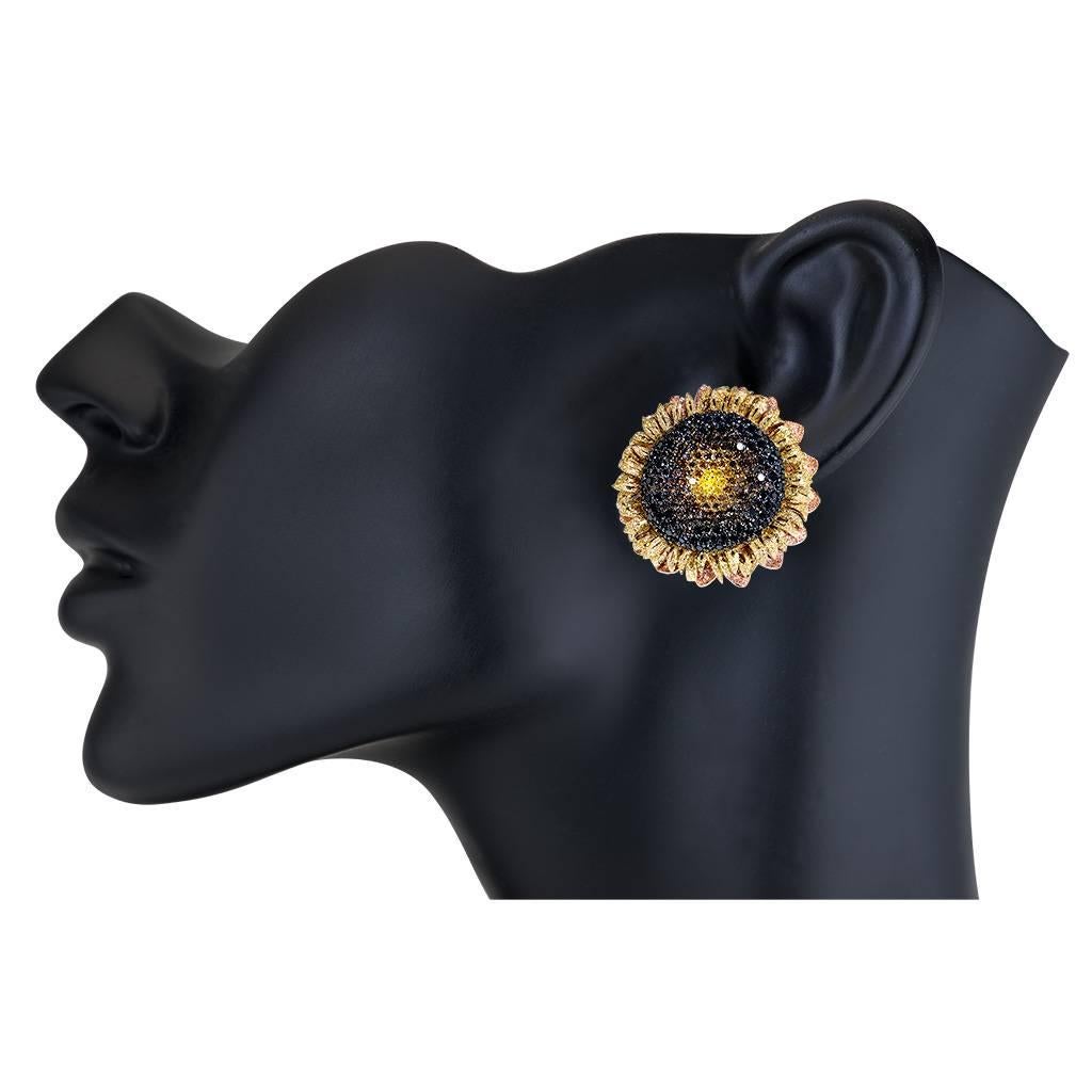 Women's Diamond Gold Textured Sunflower Earrings One of a kind