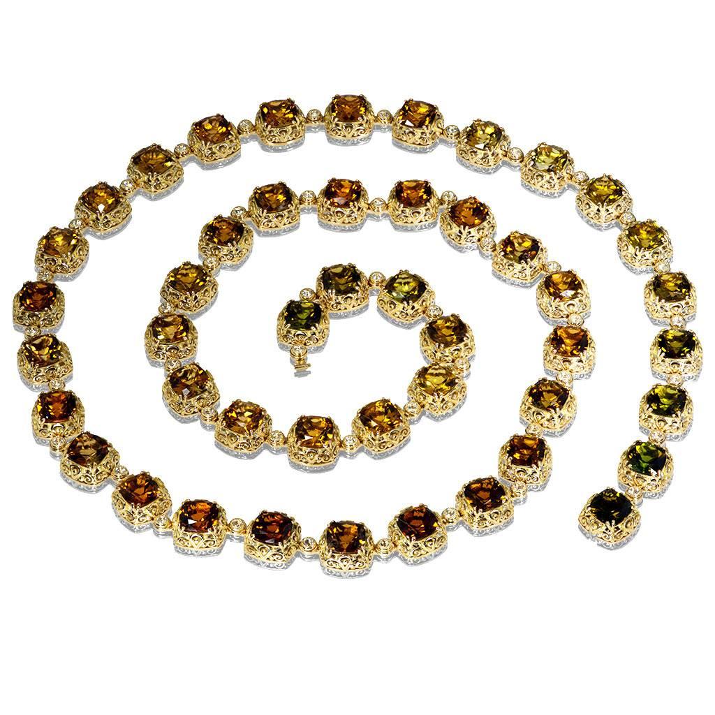 Tourmaline Diamond Gold Byzantine Necklace One of a Kind In New Condition In New York, NY