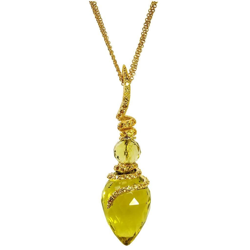 Lemon Citrine Sapphire Yellow Gold Pendant Necklace on Chain One of a Kind