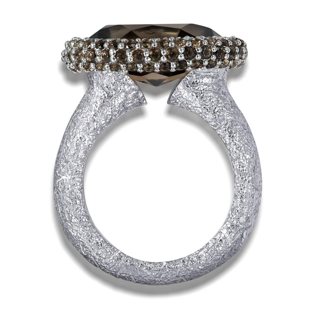 Smoky Topaz White Gold Textured Cocktail Ring One of a Kind In New Condition In New York, NY