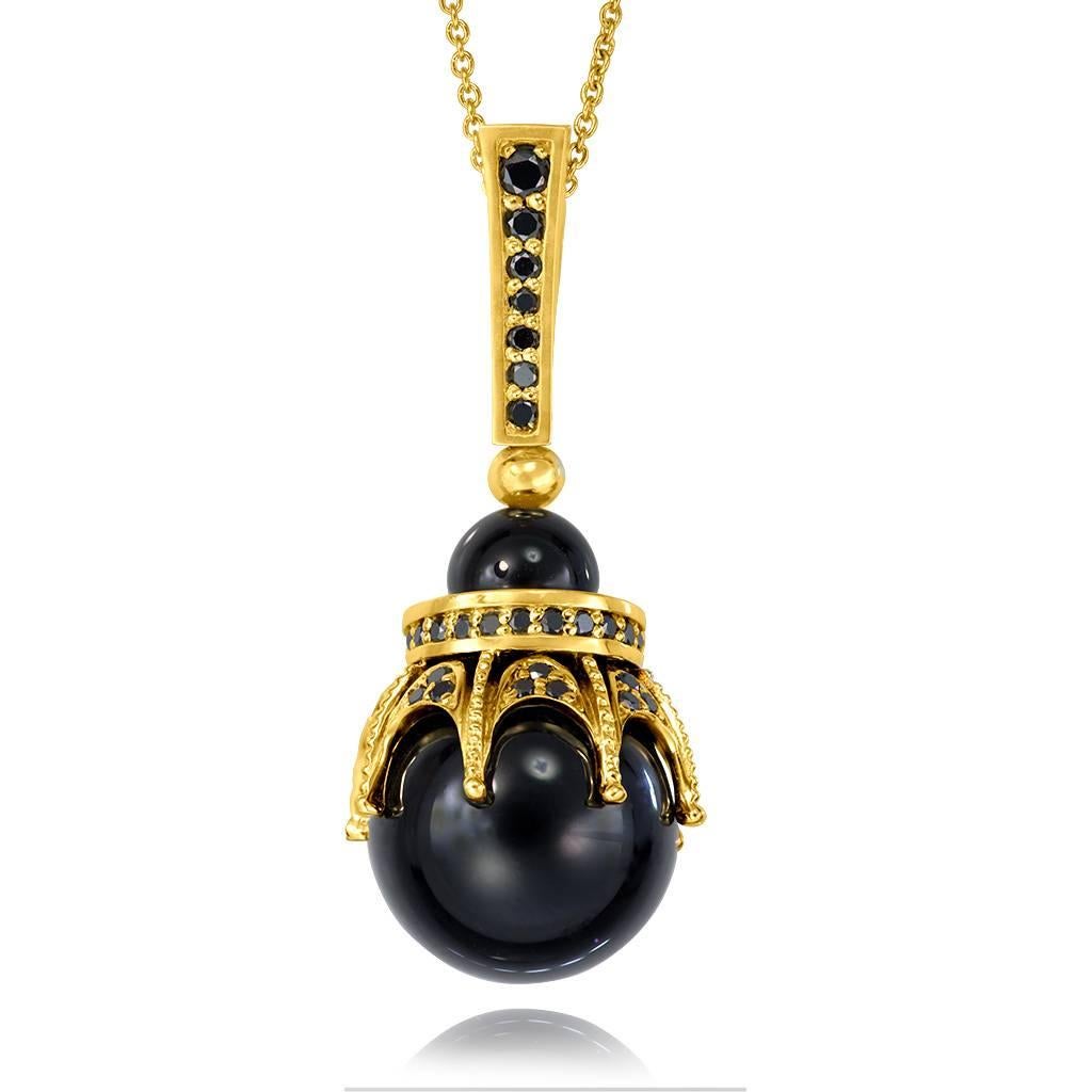 Alex Soldier Crown Drop Pendant in 18 karat yellow gold with 2 carats of black onyx and 0.5 carats of black diamonds suspended on 18-inch 18 karat gold chain. Handmade in NYC. One of a kind. 